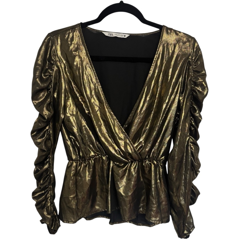 Zara Metallic Gold Ruched Wrap Blouse Long‎ Sleeves Deep V Neck